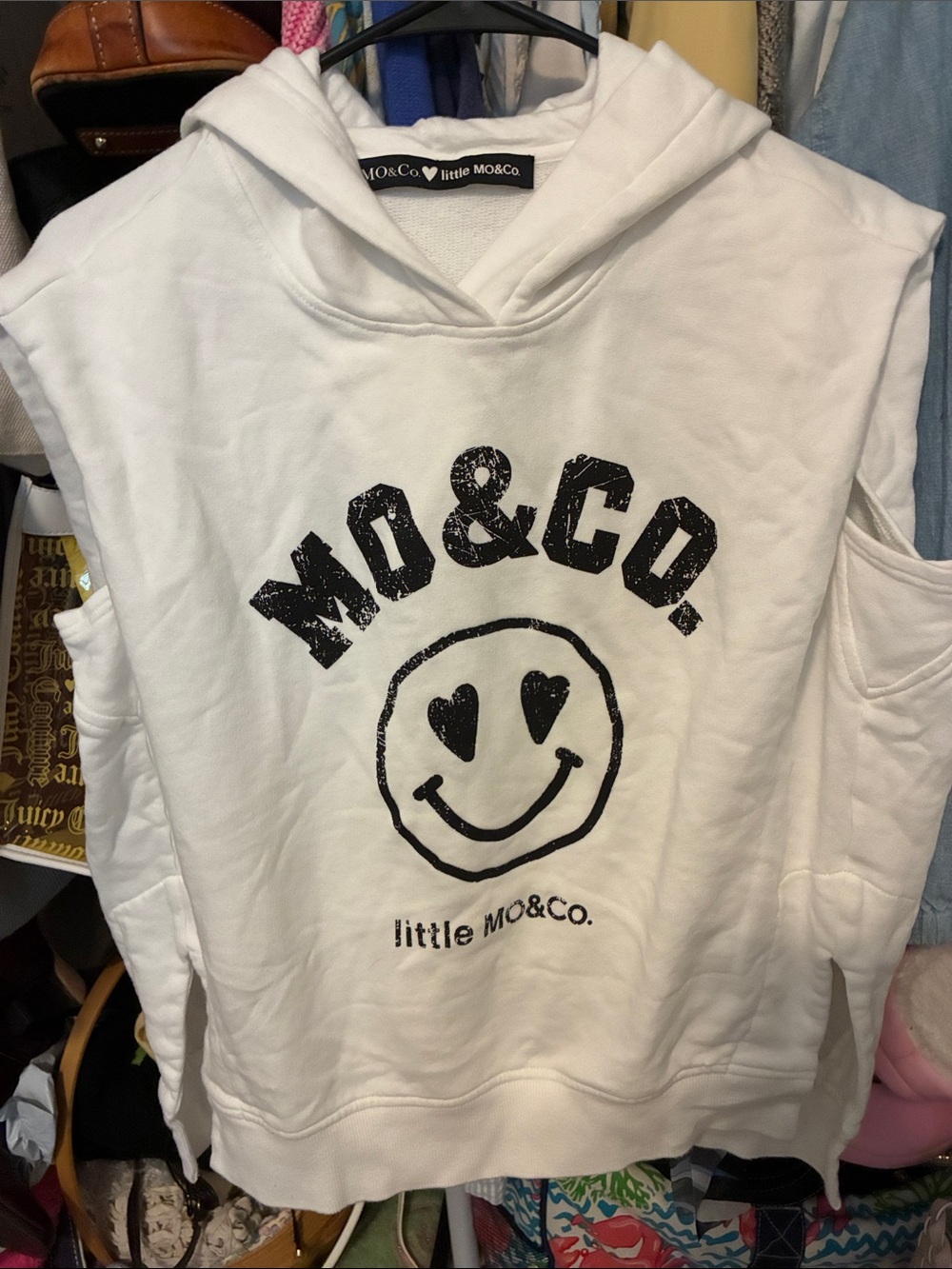 Mo & Co White Hooded Sleeveless Sweatshirt with Smiley Graphic